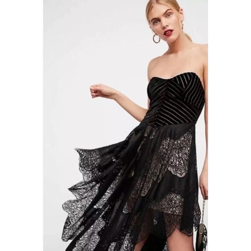 Free People Asymmetric Sheer Lace Velvet Midi Dress Size 6 Black Whimsigoth Prom